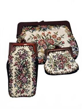 Vintage Floral Tapestry Purse Set Needlepoint Kiss Lock Handbag Coin Purse